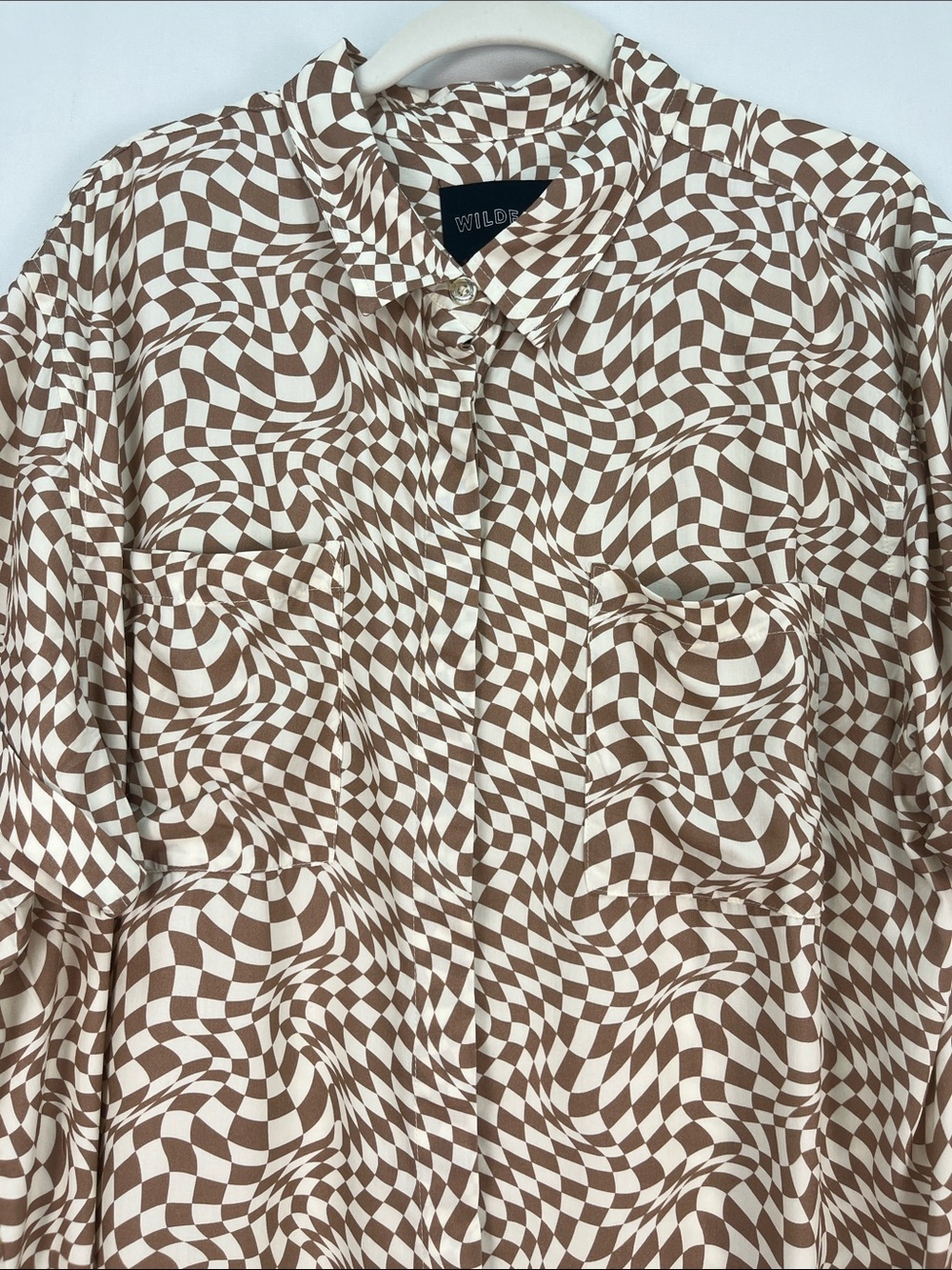 Wildfang The Empower Brown Wavy Checkerboard Rayon Button Up Shirt L NWT - Picture 2 of 5